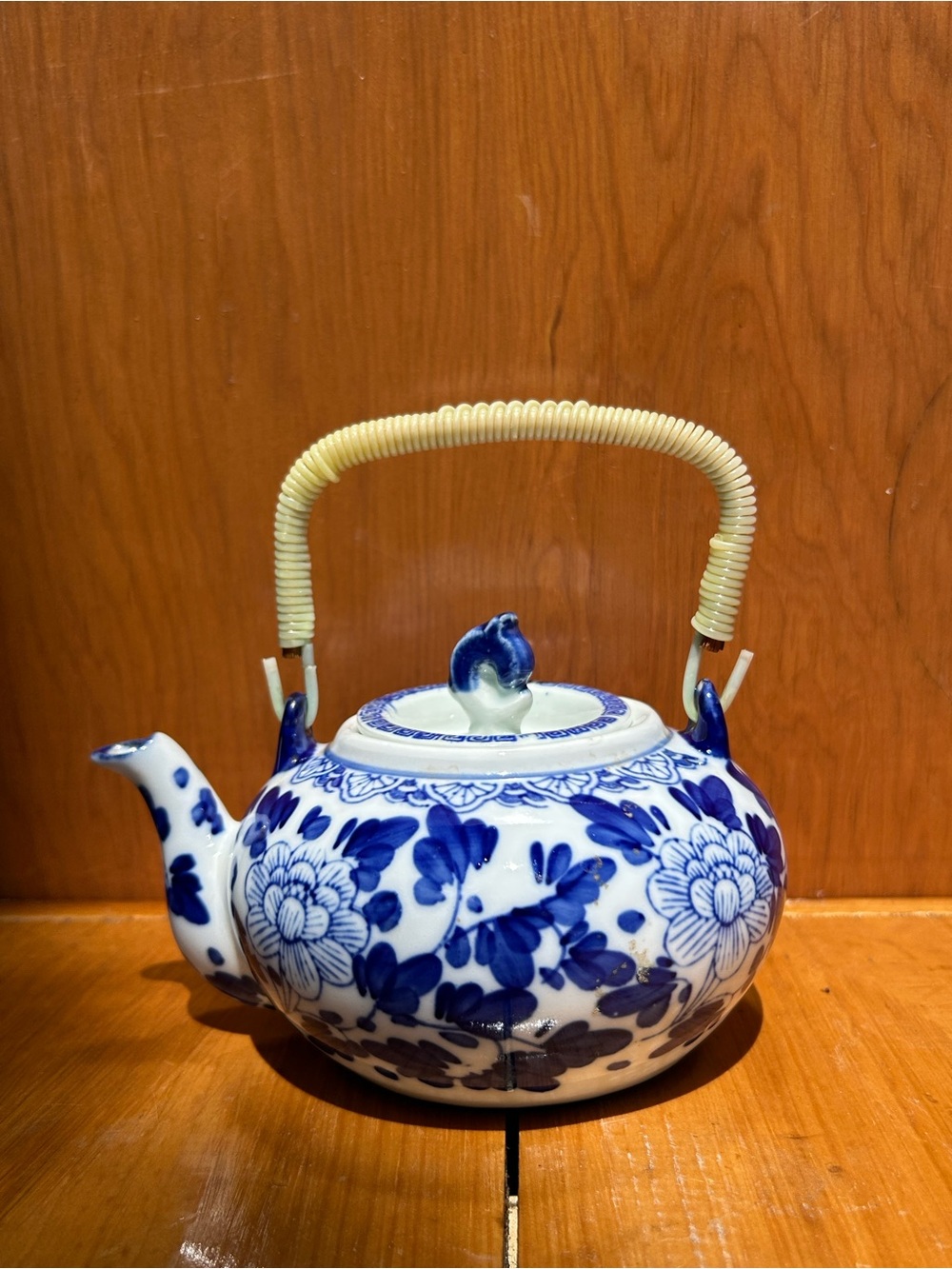 Blue and White Floral Porcelain Teapot with Woven Handle